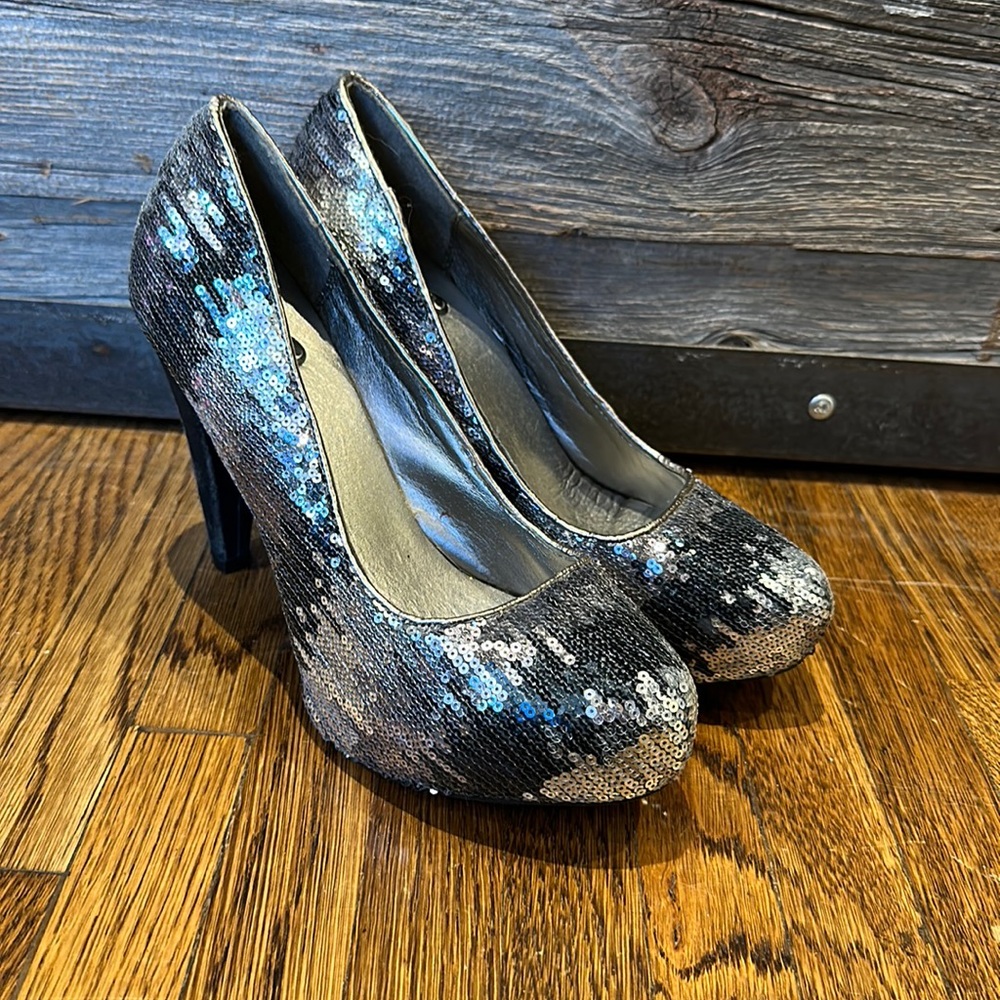 Daytrip Silver and Black sequin high heel pumps